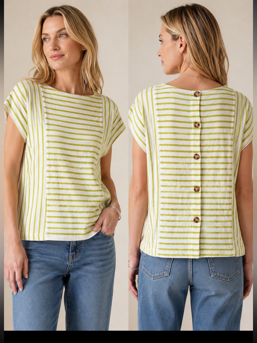 J Jill S Green White Striped Cotton Top Buttons Flattering Coastal Chic Preppy